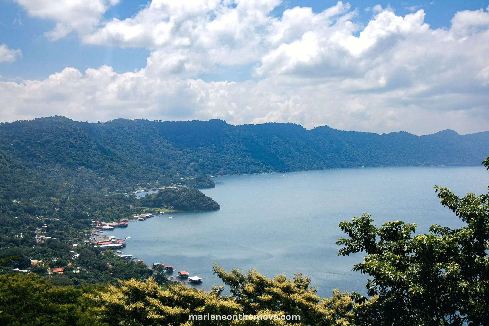 Aerial view over the left side of Coatepeque lake in El Salvador