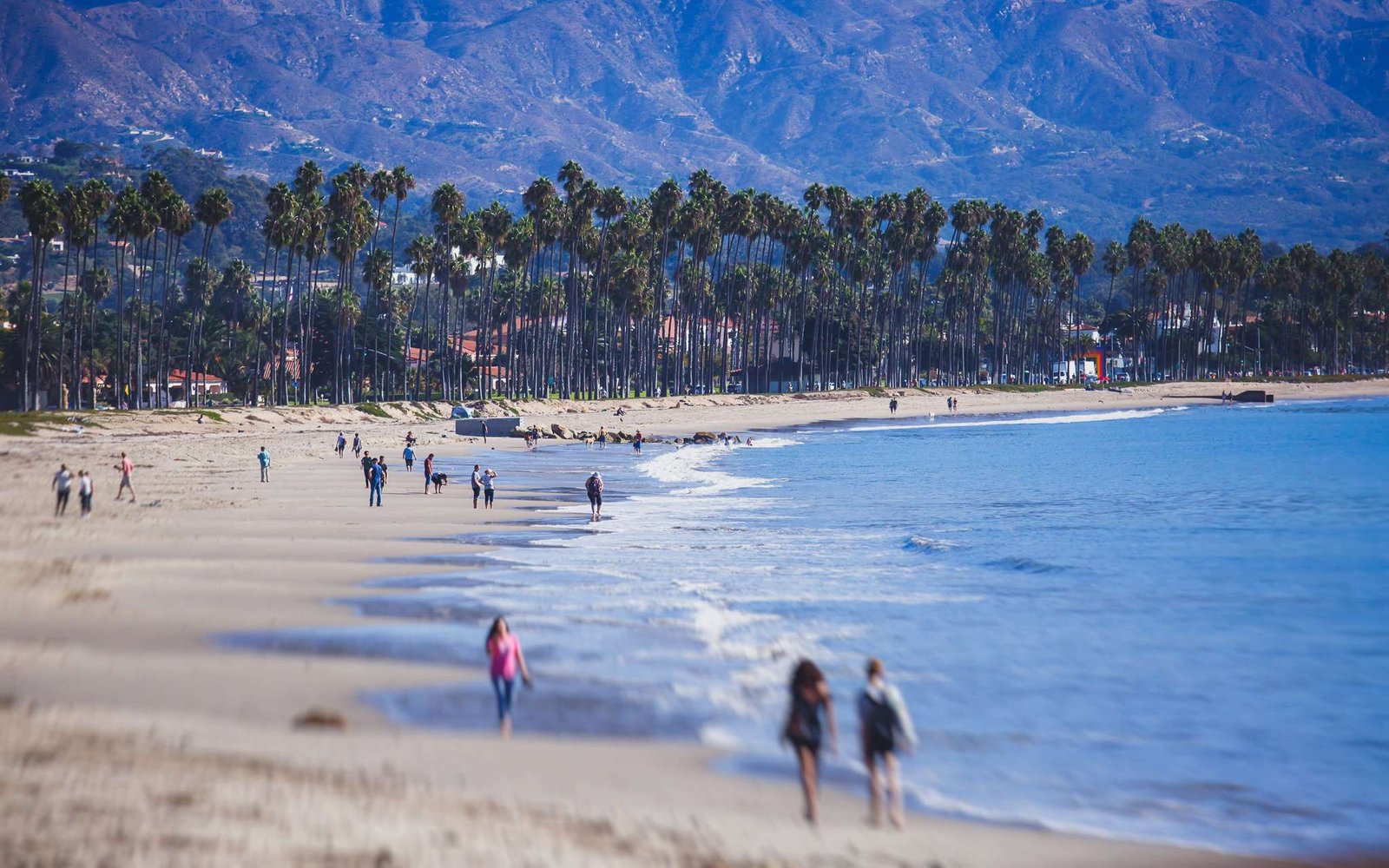 Beautiful view of Santa Barbara ocean front walk, with beach and marina, palms and mountains, Santa Ynez mountains and Pacific Ocean, Santa Barbara county, California, United States, summer sunny day