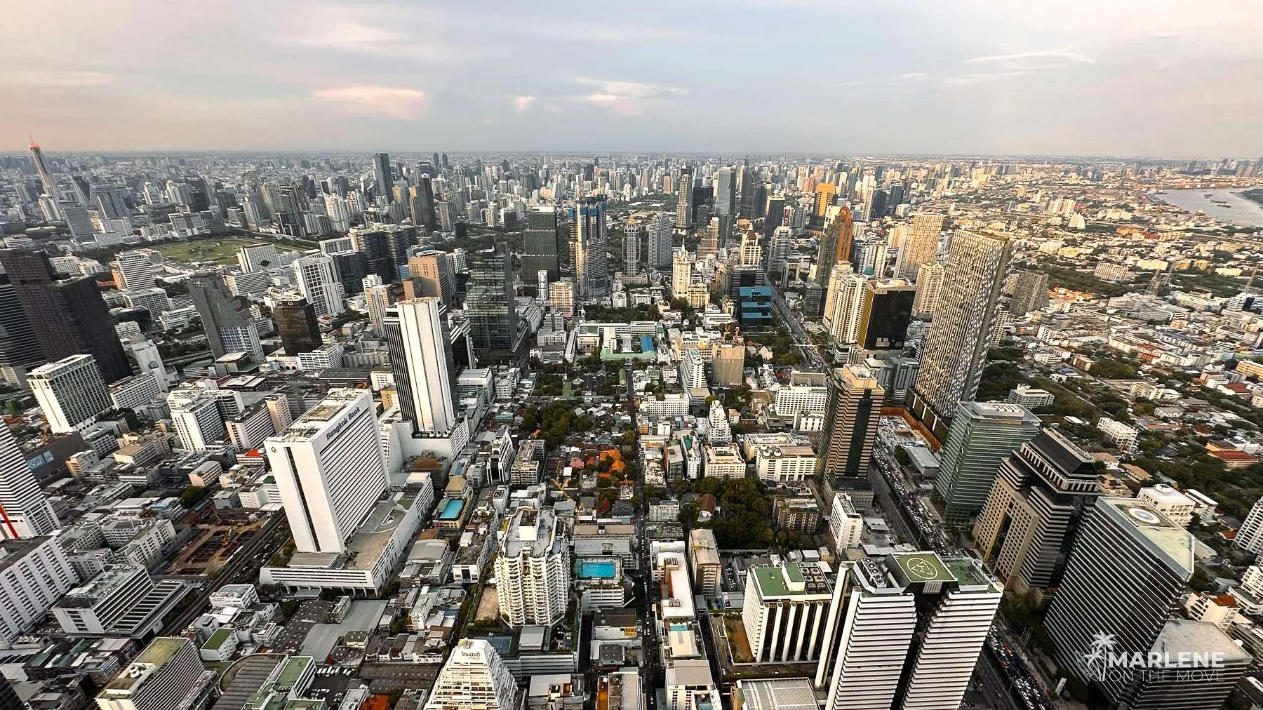 Aerial view over Bangkok with skyscrapers