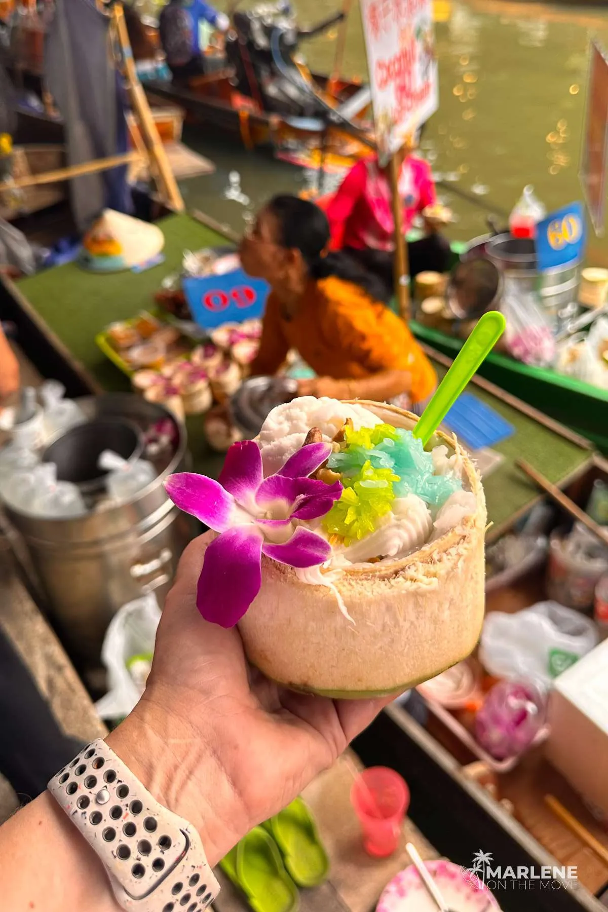 Thai dessert served in a coconut at the Floating Market