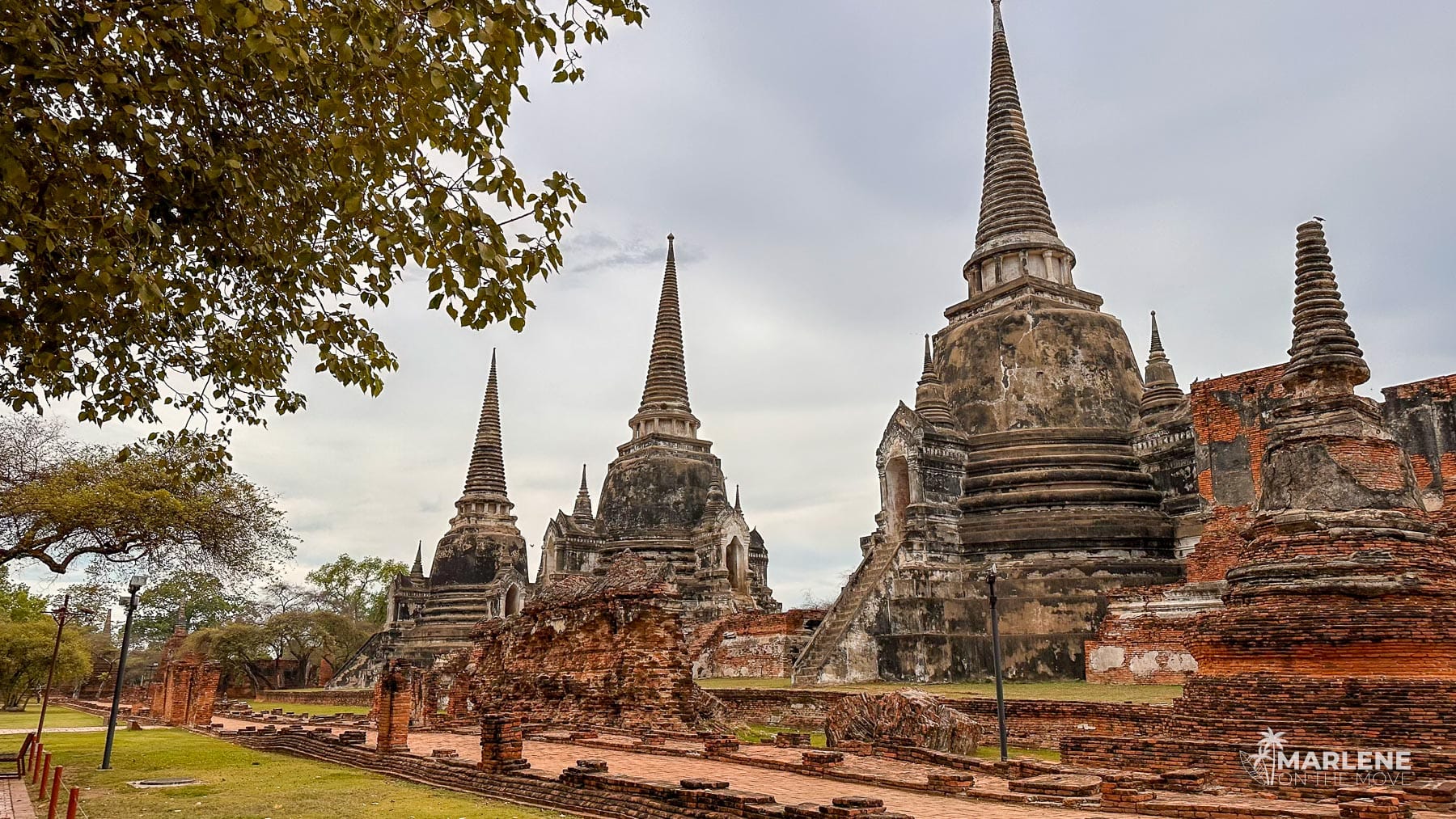 The three iconic bell-shaped chedis of Wat Phra Si Sanphet, royal temple of the Ayutthaya Kingdom, Thailand