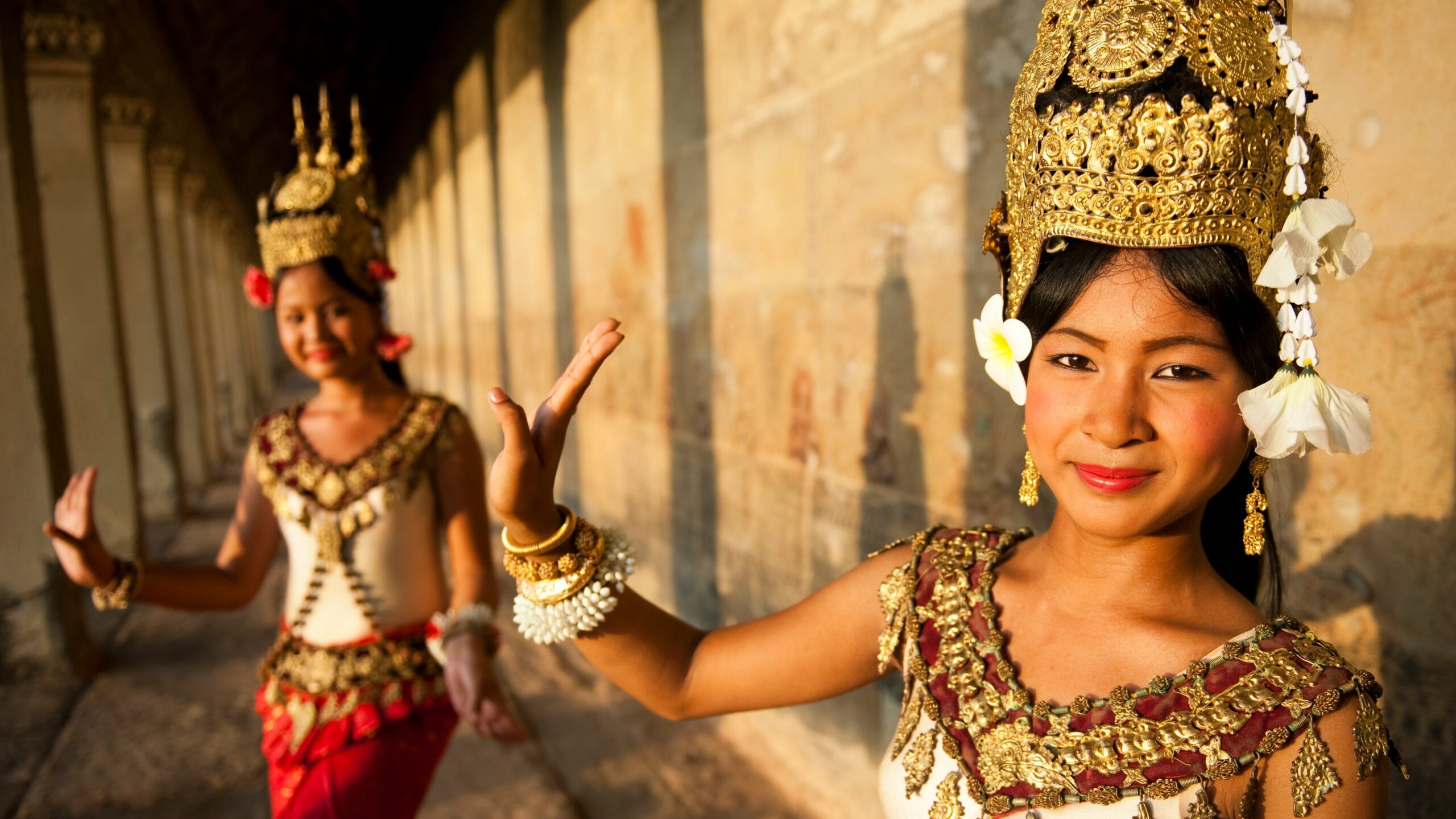 Young women dancers dressed in traditional clothing in Cambodia