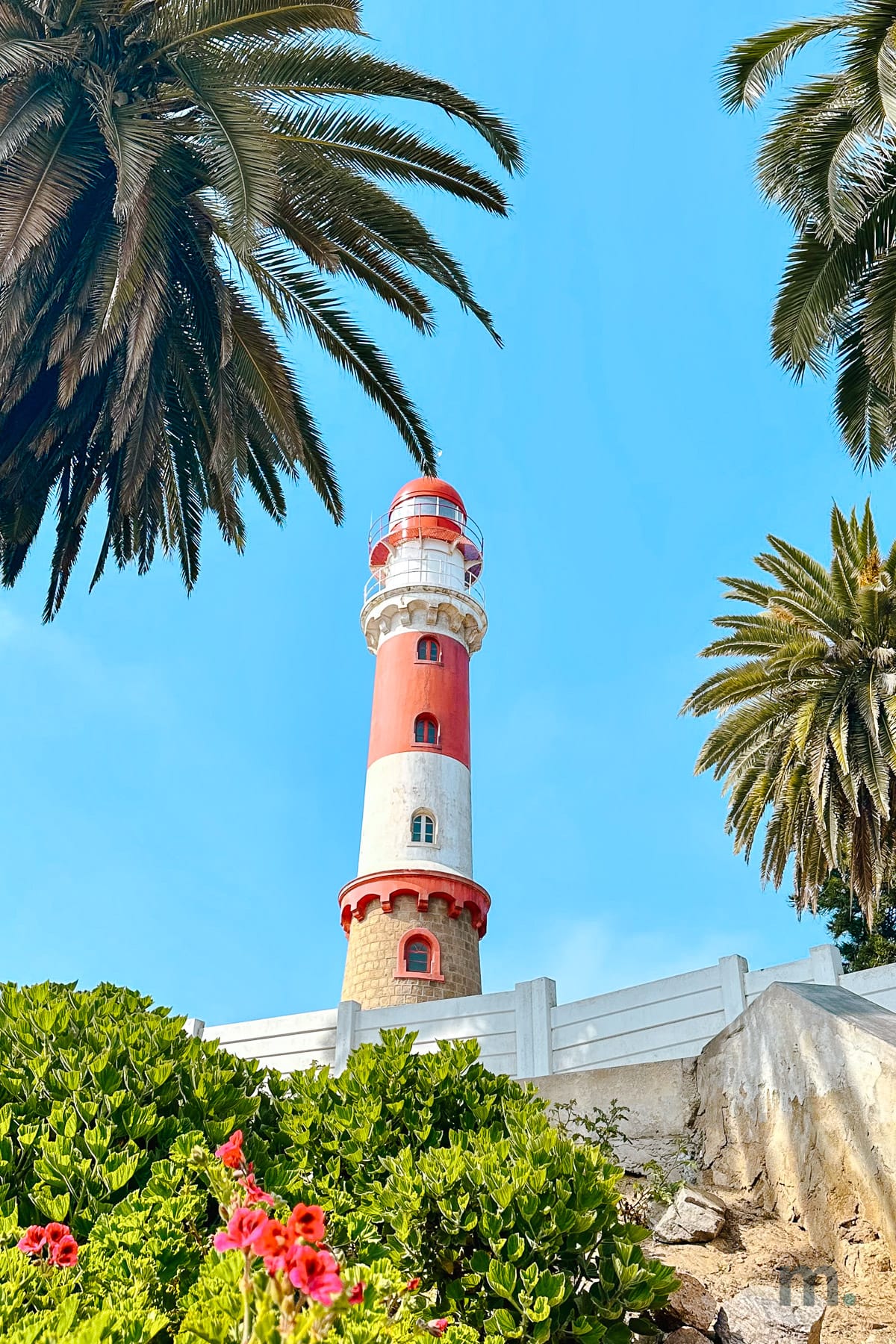 Red and white Swakopmund lighthouse framed by palm trees on the Namibian coast